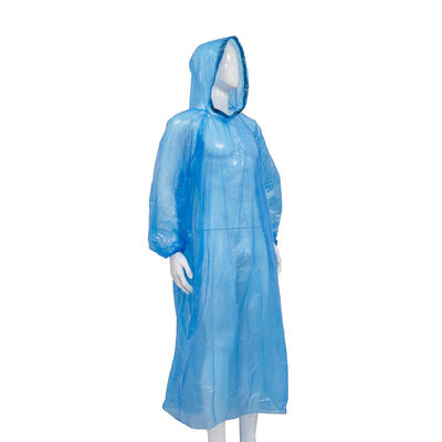CE / ISO Blue / White Disposable Waterproof PE Plastic Rain Coat With Hood